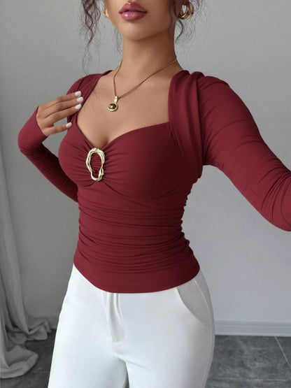 Elegant Ruched Long Sleeve Top with Buckle Detail