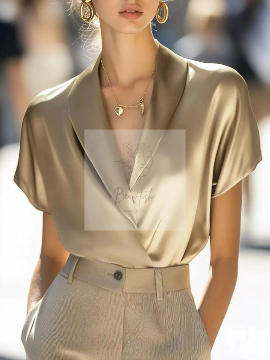 Elegant Satin Wrap Short Sleeve Shirt