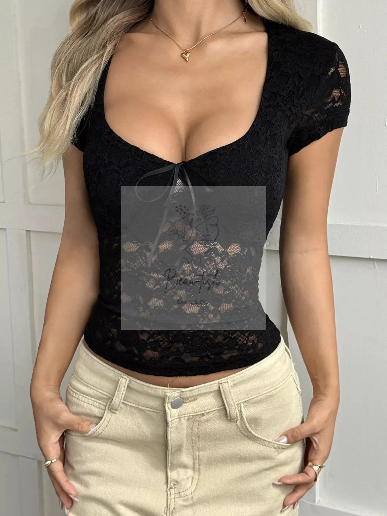 Elegant Short Sleeve Lace Blouse with Bow