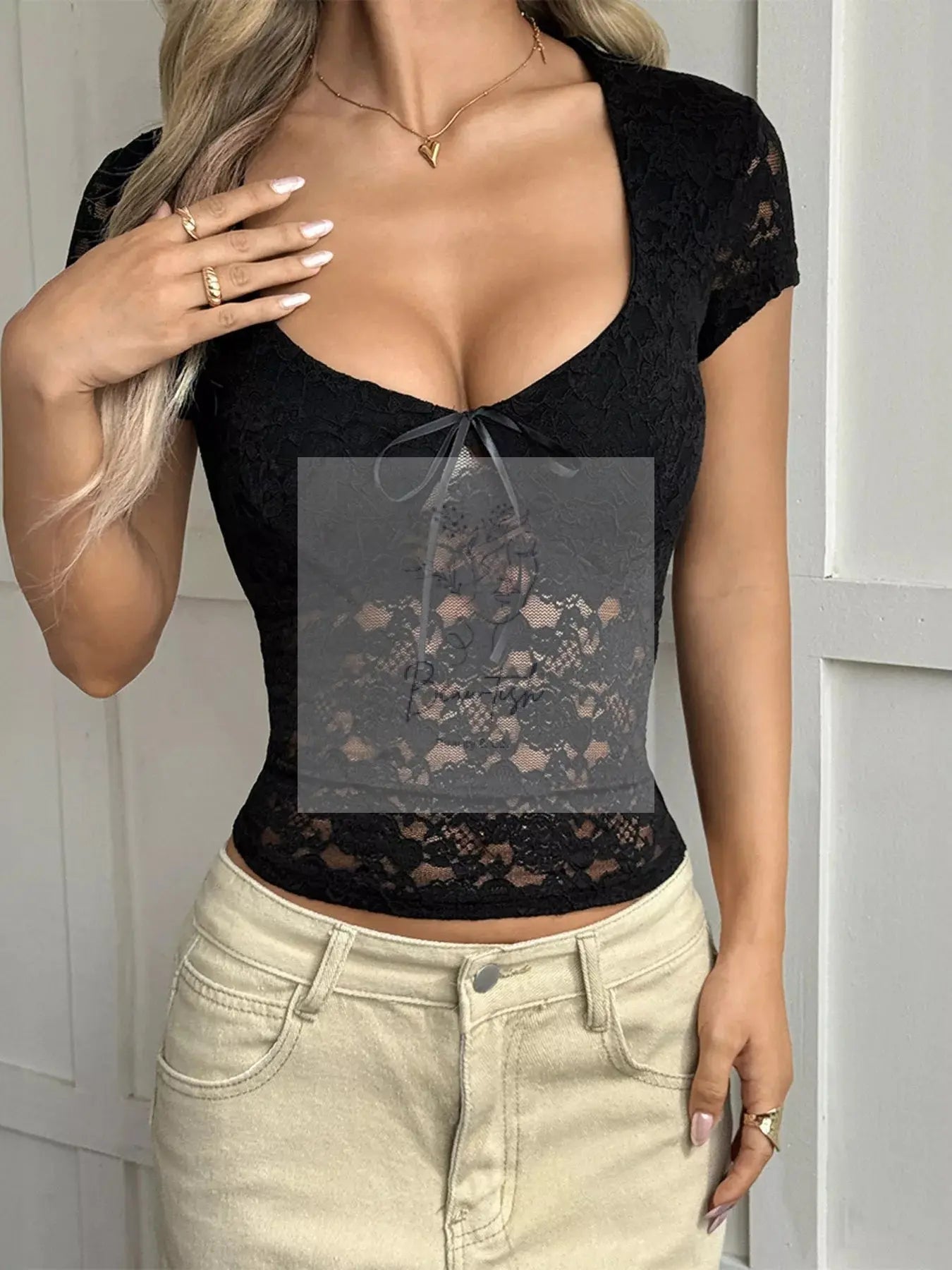 Elegant Short Sleeve Lace Blouse with Bow
