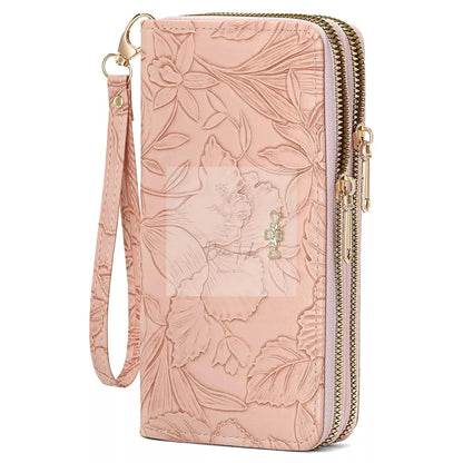 Embossed Floral Pattern Double Zipper Wallet