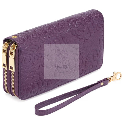 Embossed Floral Pattern Double Zipper Wallet