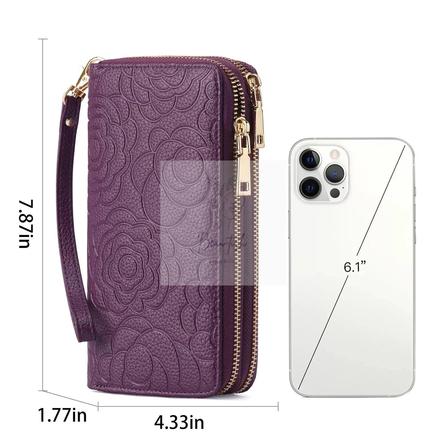 Embossed Floral Pattern Double Zipper Wallet