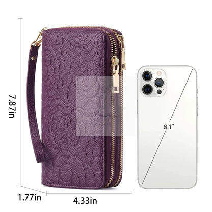 Embossed Floral Pattern Double Zipper Wallet