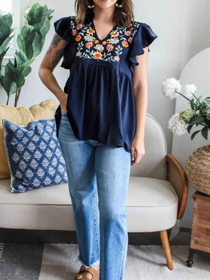Embroidered Floral Ruffle Sleeve Blouse