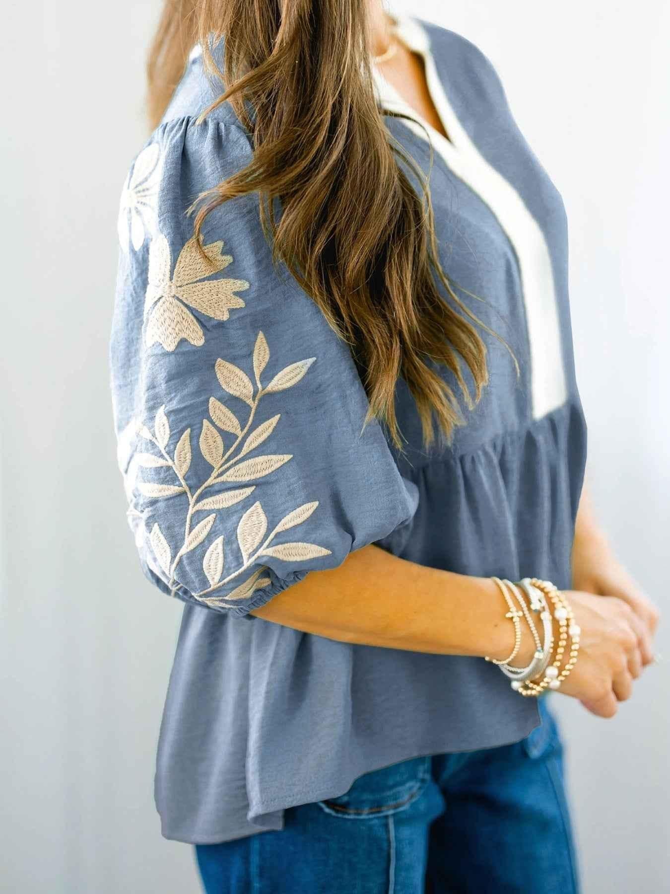 Embroidered Sleeve Peplum Blouse