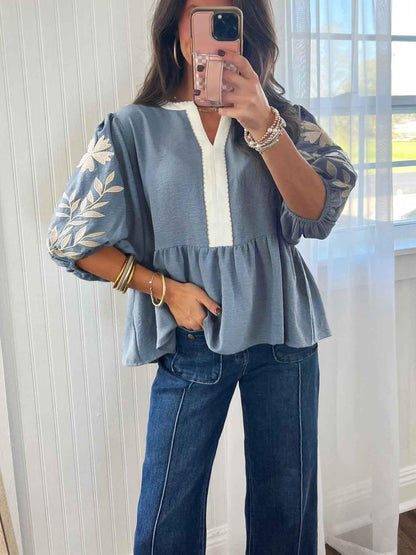 Embroidered Sleeve Peplum Blouse