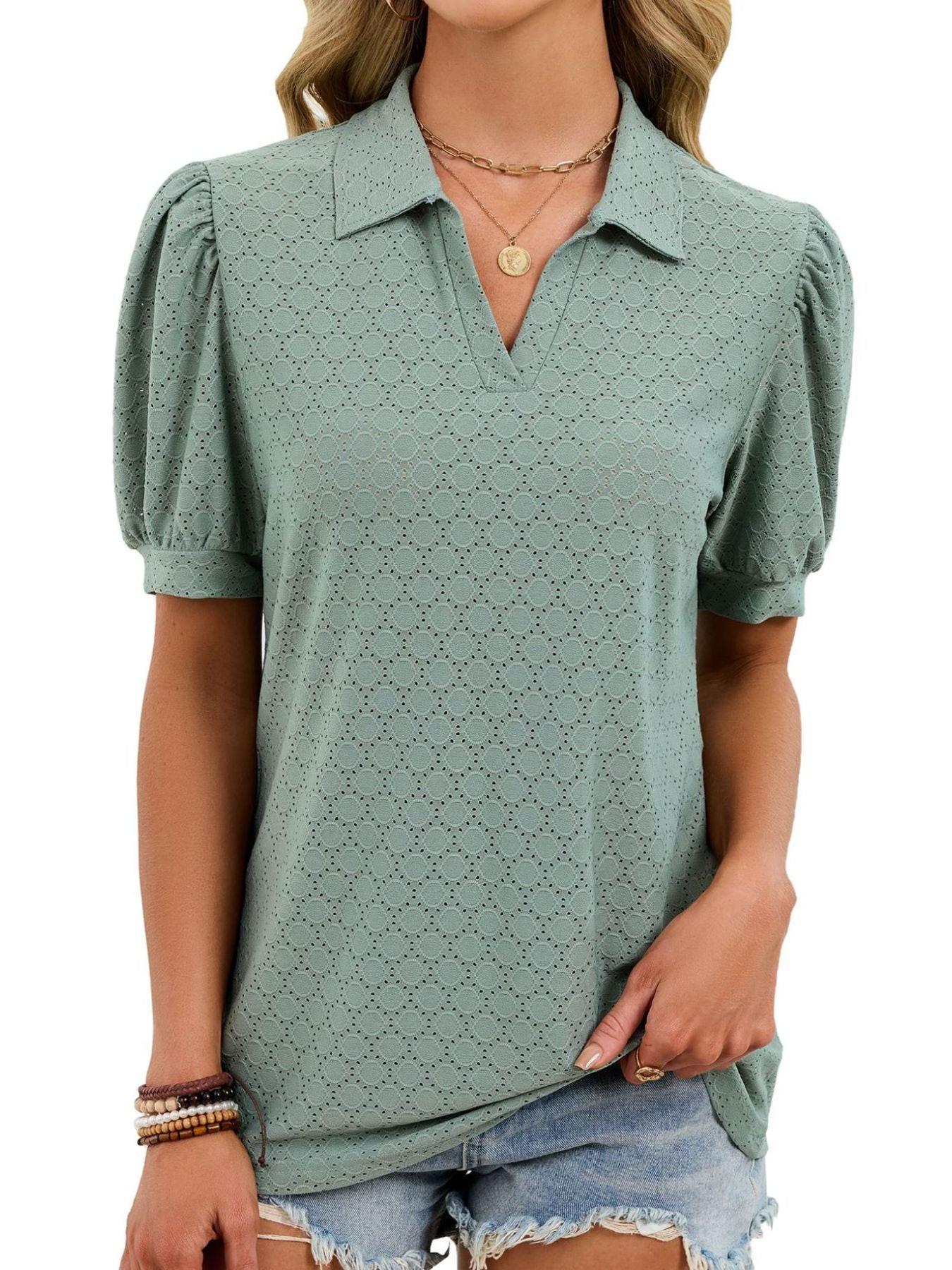 Eyelet Johnny Collar Puff Sleeve Top