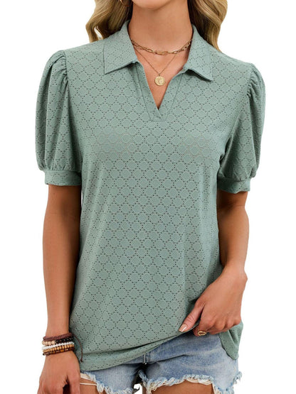 Eyelet Johnny Collar Puff Sleeve Top