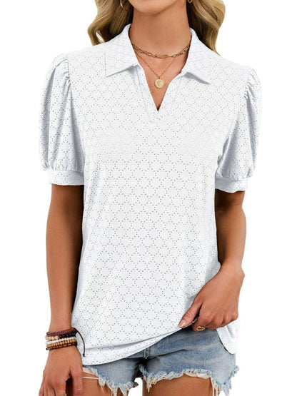 Eyelet Johnny Collar Puff Sleeve Top