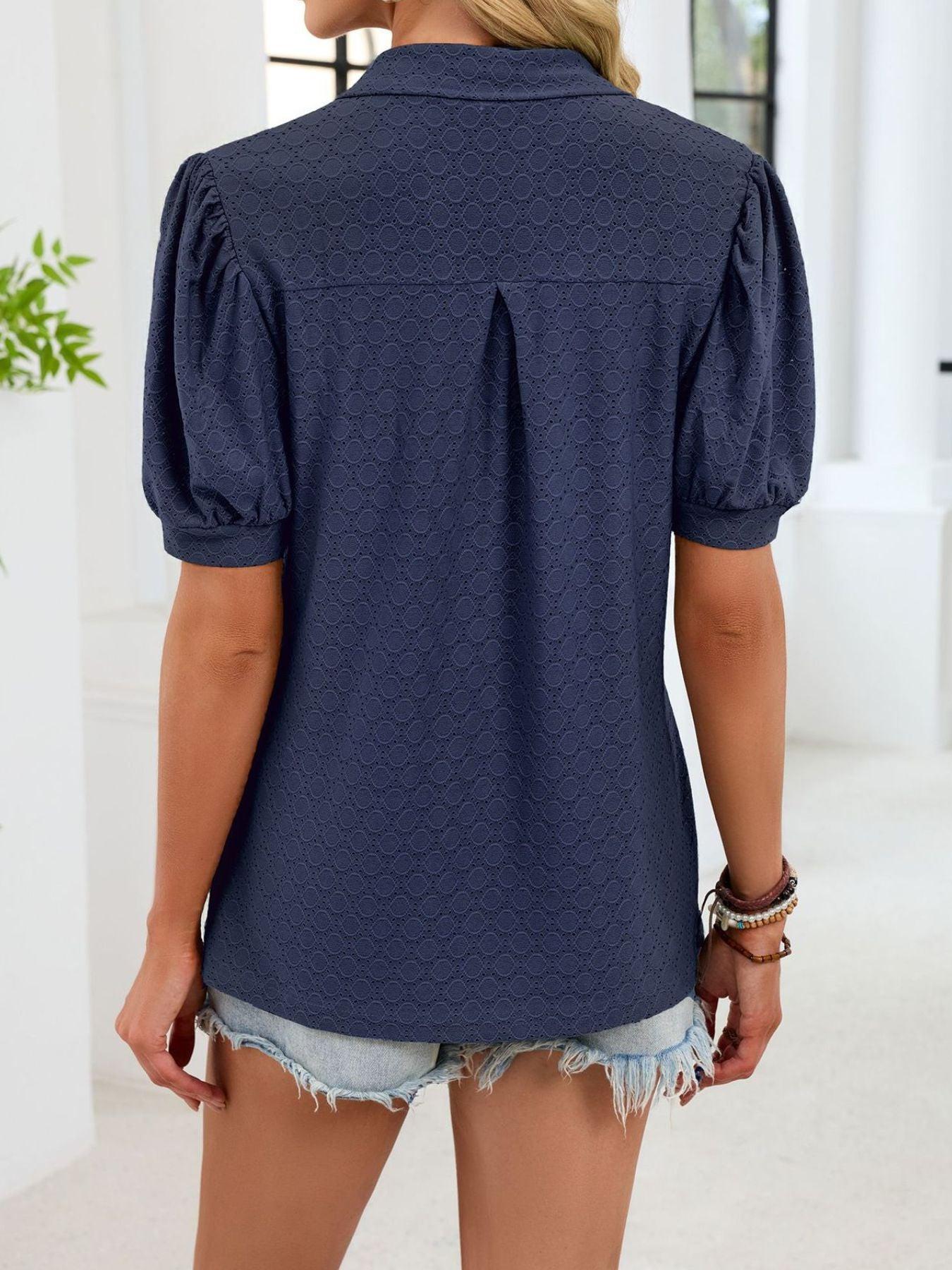 Eyelet Johnny Collar Puff Sleeve Top