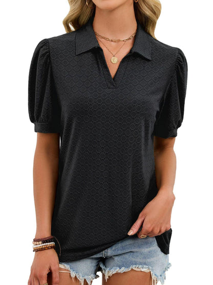 Eyelet Johnny Collar Puff Sleeve Top