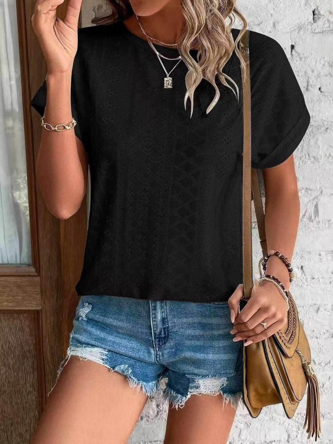 Eyelet Round Neck Short Sleeve Top