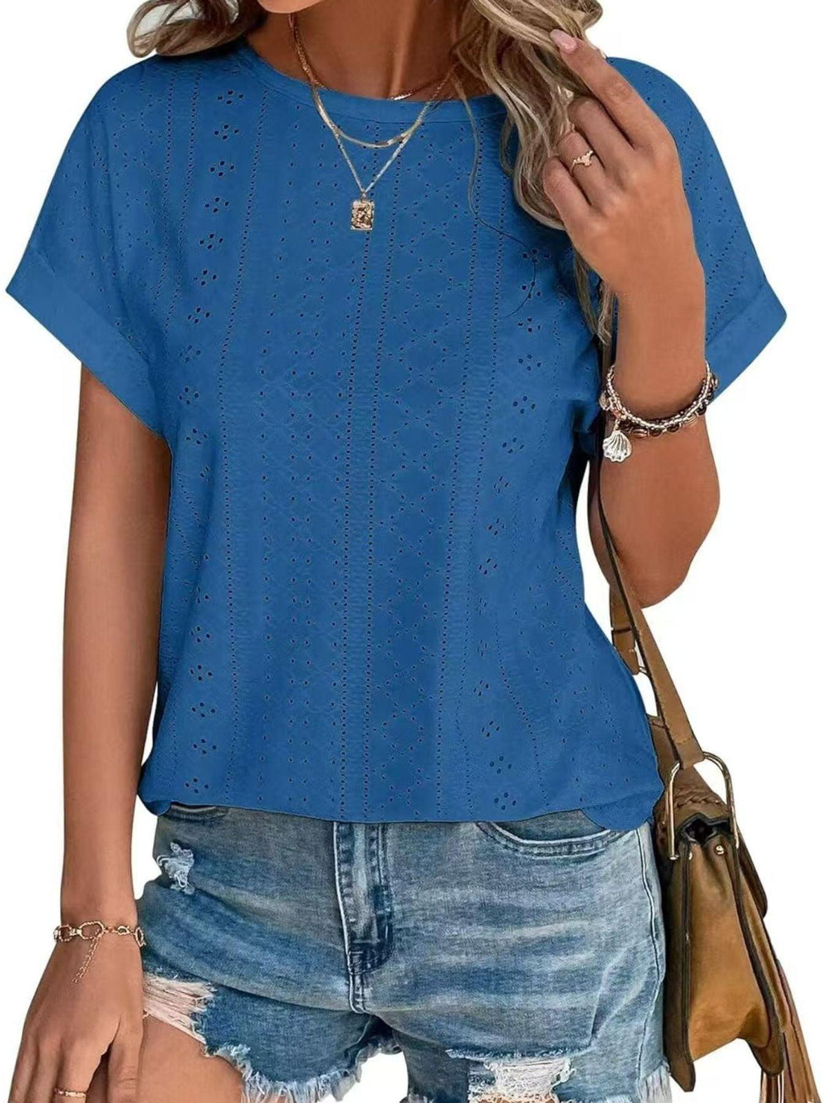 Eyelet Round Neck Short Sleeve Top