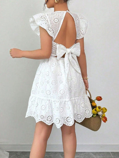 Eyelet Ruffle Sleeve Mini Dress