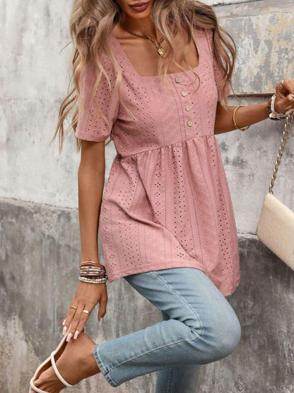 Eyelet Square Neck Short Sleeve Top