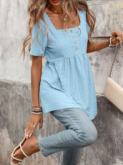 Eyelet Square Neck Short Sleeve Top