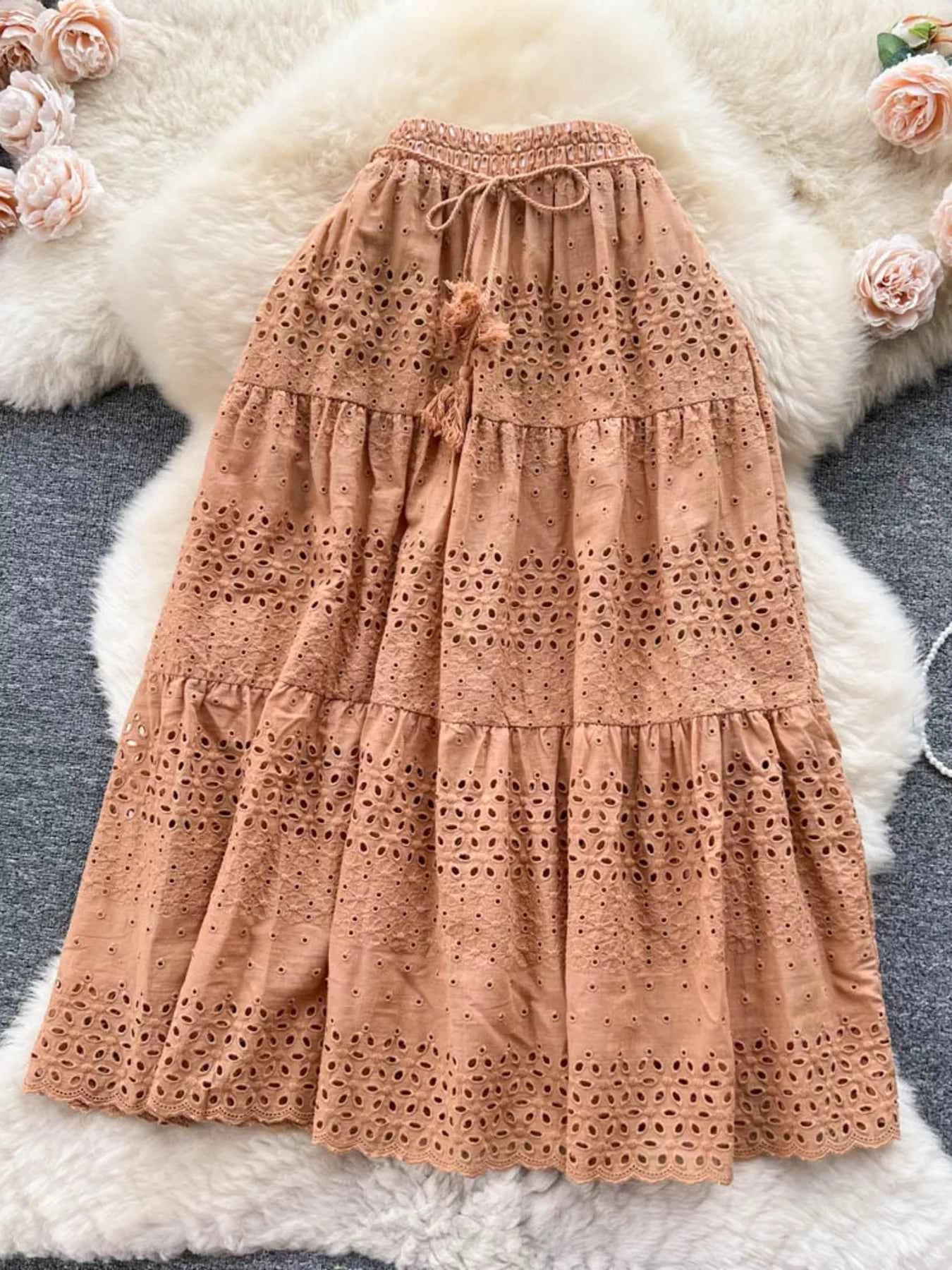 Eyelet Tiered Maxi Skirt