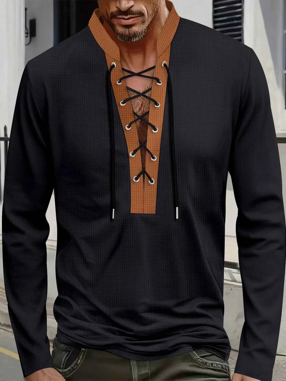 Men's Full Size Vintage Lace-Up Long Sleeve T-Shirt Plus Size