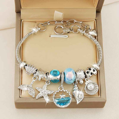 1pc Mermaid Tail Ocean Style Beaded Pendant Bracelet - with Blue Imitation Crystal Starfish And Faux Shell