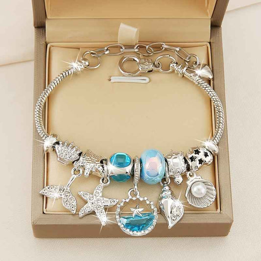 1pc Mermaid Tail Ocean Style Beaded Pendant Bracelet - with Blue Imitation Crystal Starfish And Faux Shell