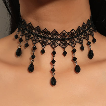 Black Lace Choker with Water Drop Pendant