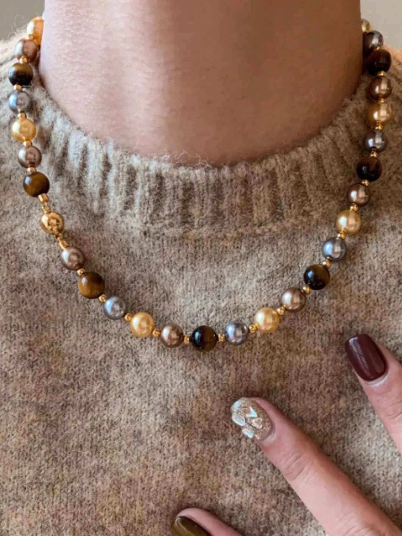Tiger Eye & Pearl Beaded Necklace