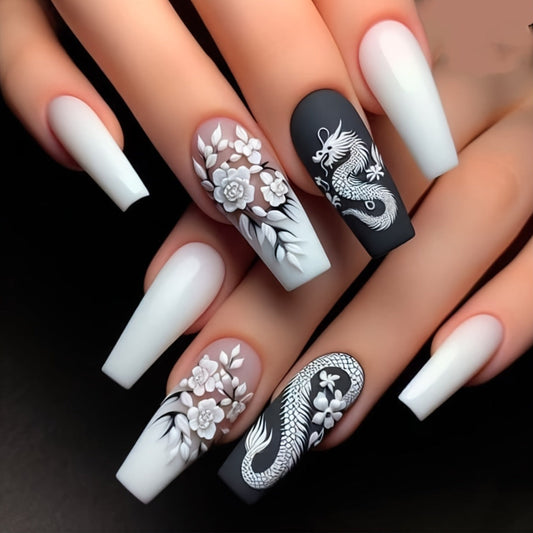 24pcs Removable Ballet Nail Set Featuring a White Gradient with Elegant Small Flowers And a Chinese Dragon Design