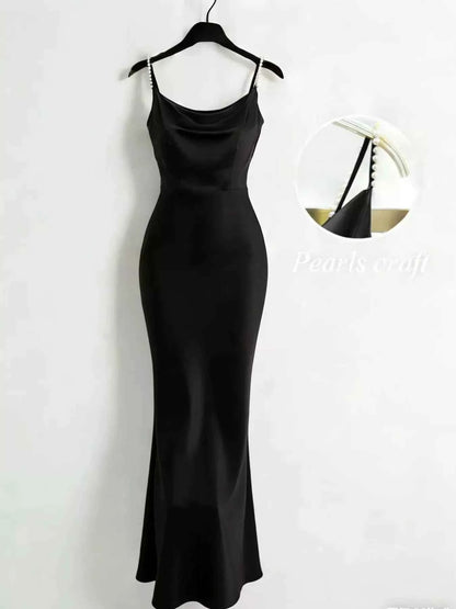 Pearl Strap Cowl Neck Satin Maxi Dress