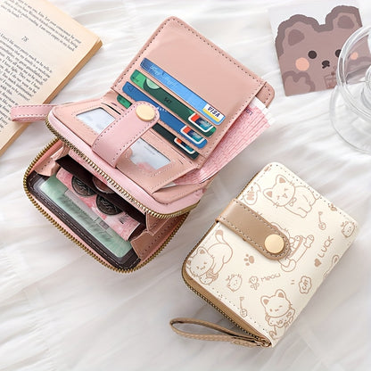 Printed Cute Bear Women's Wallet - Original Minimalist Japanese Style Tri-Fold Snap Closure Student Short Women's Coin Purse Clutch