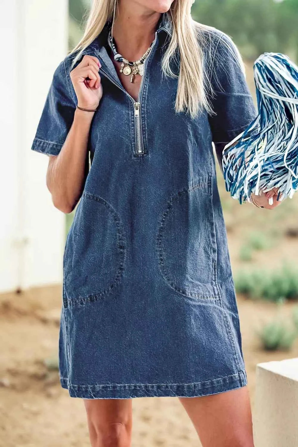Zip Up Collared Short Sleeve Shift Mini Denim Dress