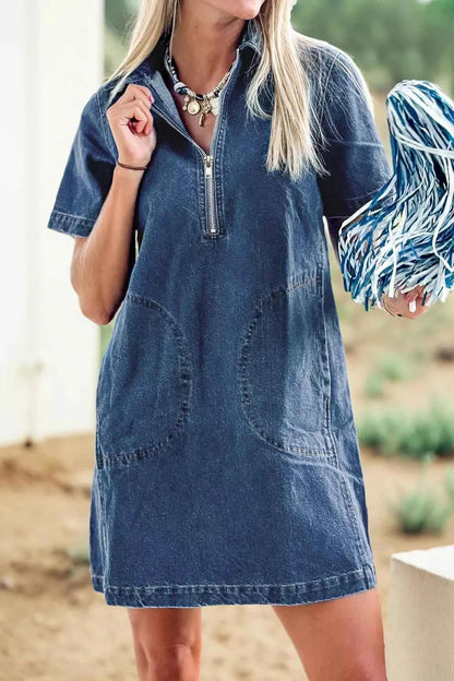 Zip Up Collared Short Sleeve Shift Mini Denim Dress