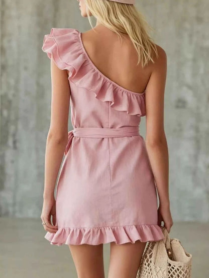 One-Shoulder Ruffle Trim Wrap Dress