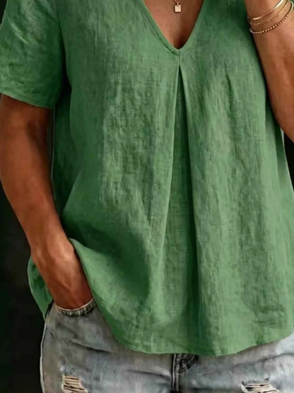 Full Size V-Neck Pleated Short Sleeve Blouse Plus Size