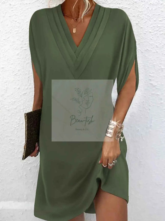 Full Size V-Neck Slit Sleeve Mini Dress Plus Size