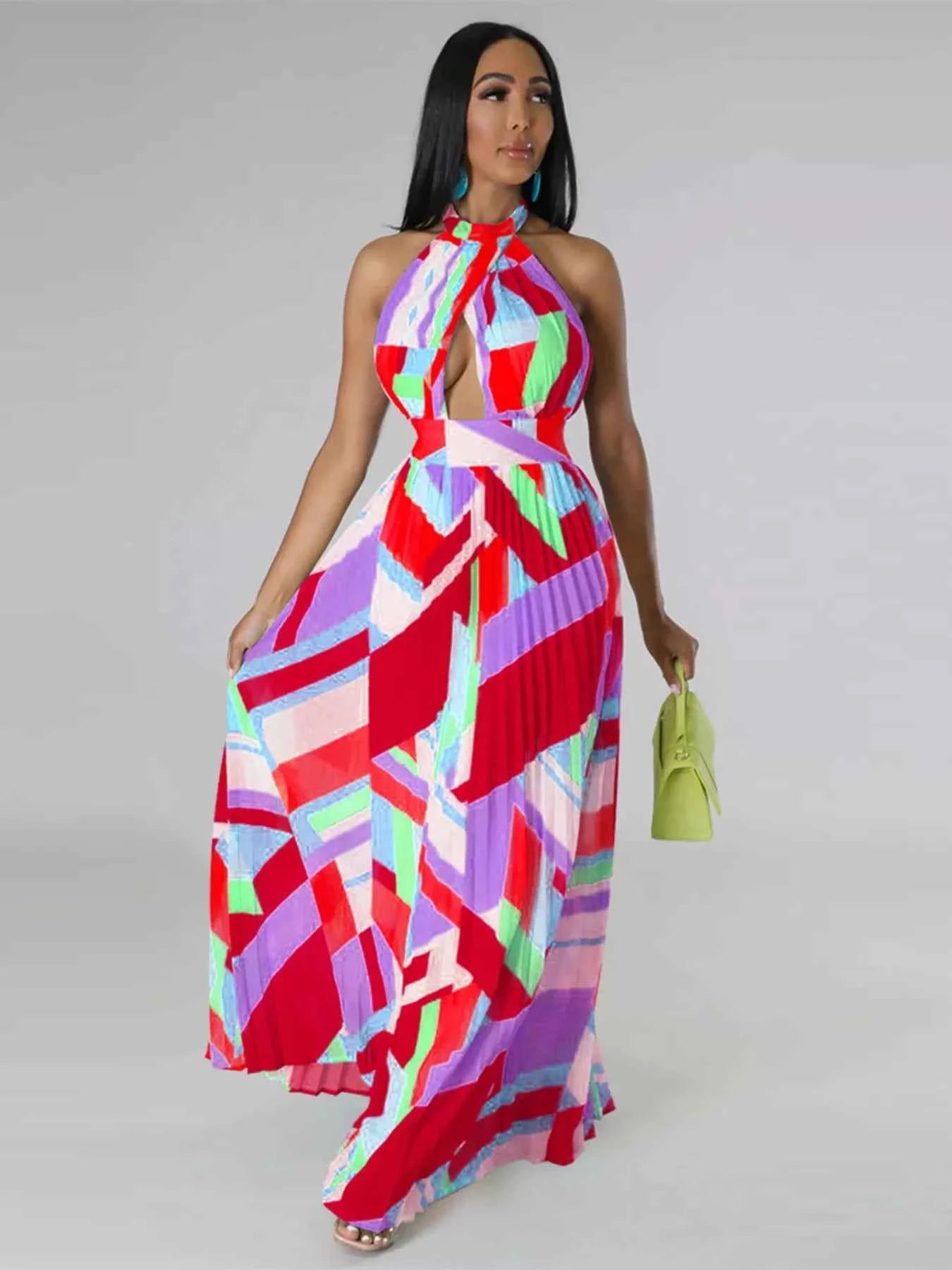 Halter Neck Geometric Print Pleated Maxi Dress