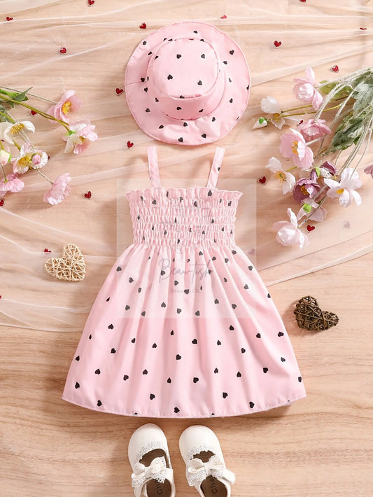 0-3 Years Old Two-Piece Summer New Arrival Girls' Heart Print Camisole Dress + Hat - Beau-tish Beau-tish