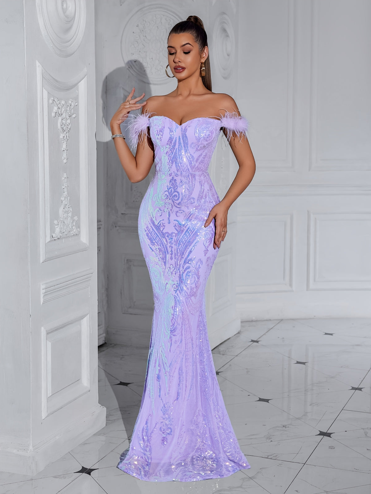 Sweetheart Sequin Gown with Trimmed Sleeves