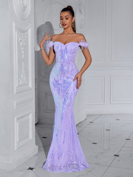 Sweetheart Sequin Gown with Trimmed Sleeves