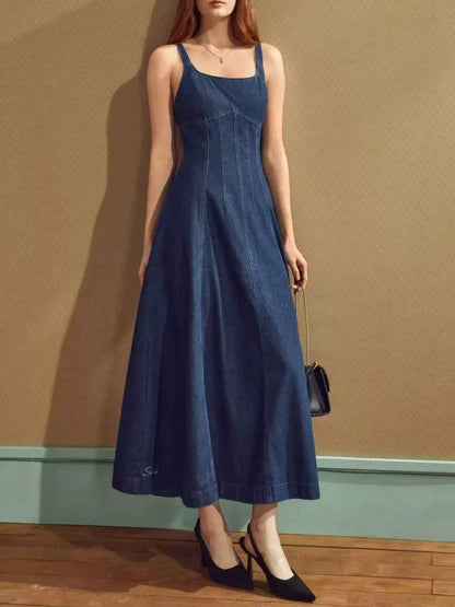 Square Neck A-Line Denim Dress