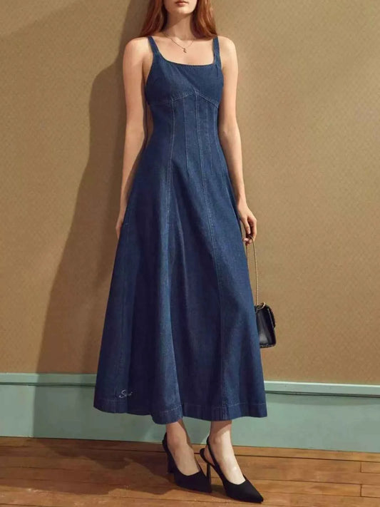 Square Neck A-Line Denim Dress