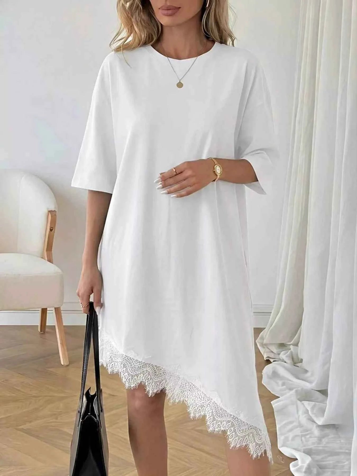 Lace Trim Asymmetrical Hem T-shirt Dress