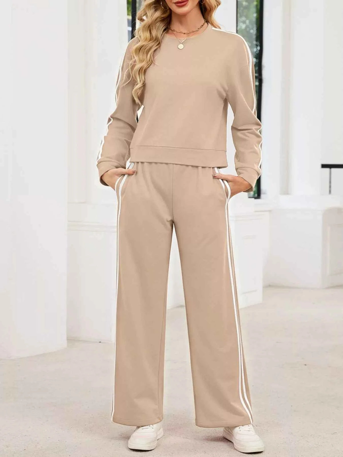 Striped Round Neck Sweatshirt and Pants Set