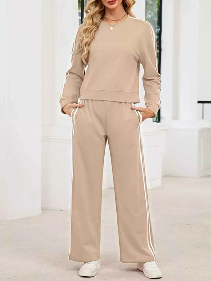 Striped Round Neck Sweatshirt and Pants Set