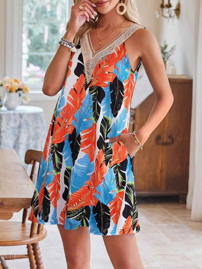 Tropical Leaf Print V-Neck Sleeveless Dress
