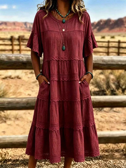 Full Size Tiered Ruffle Sleeve Midi Dress with Pockets Plus Size
