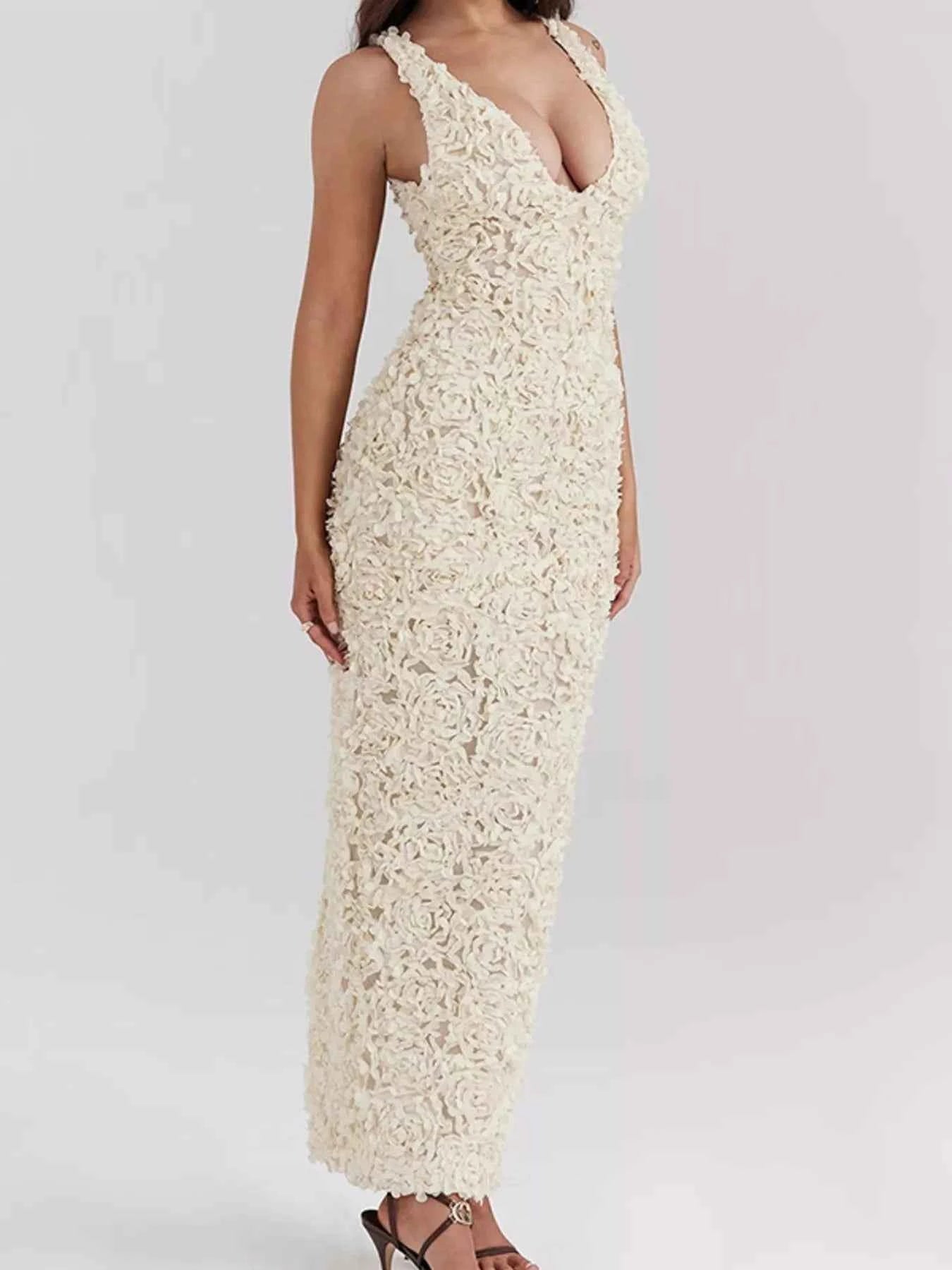 Floral Applique Deep V-Neck Maxi Dress