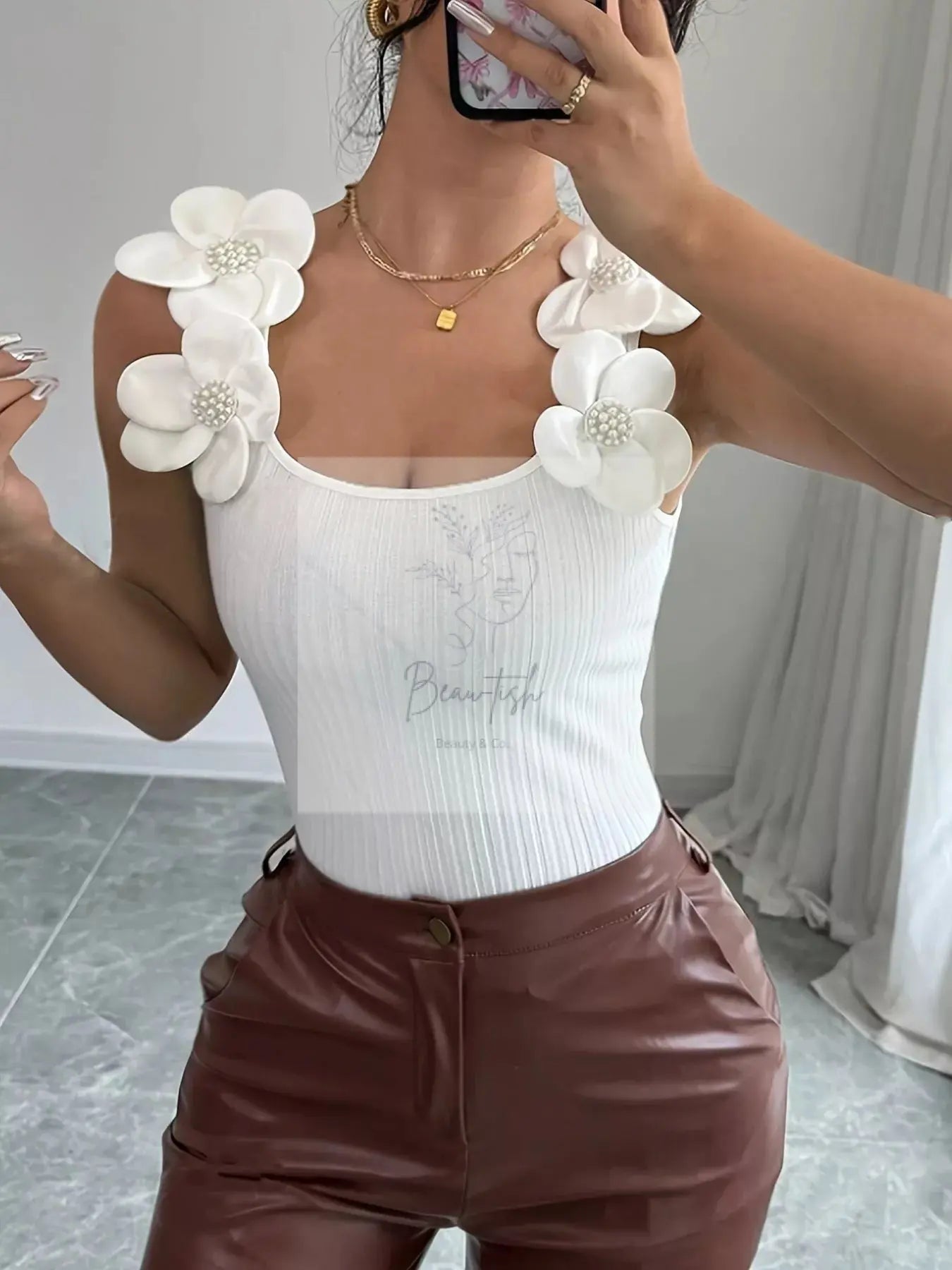 Floral Applique Ribbed Tank Top