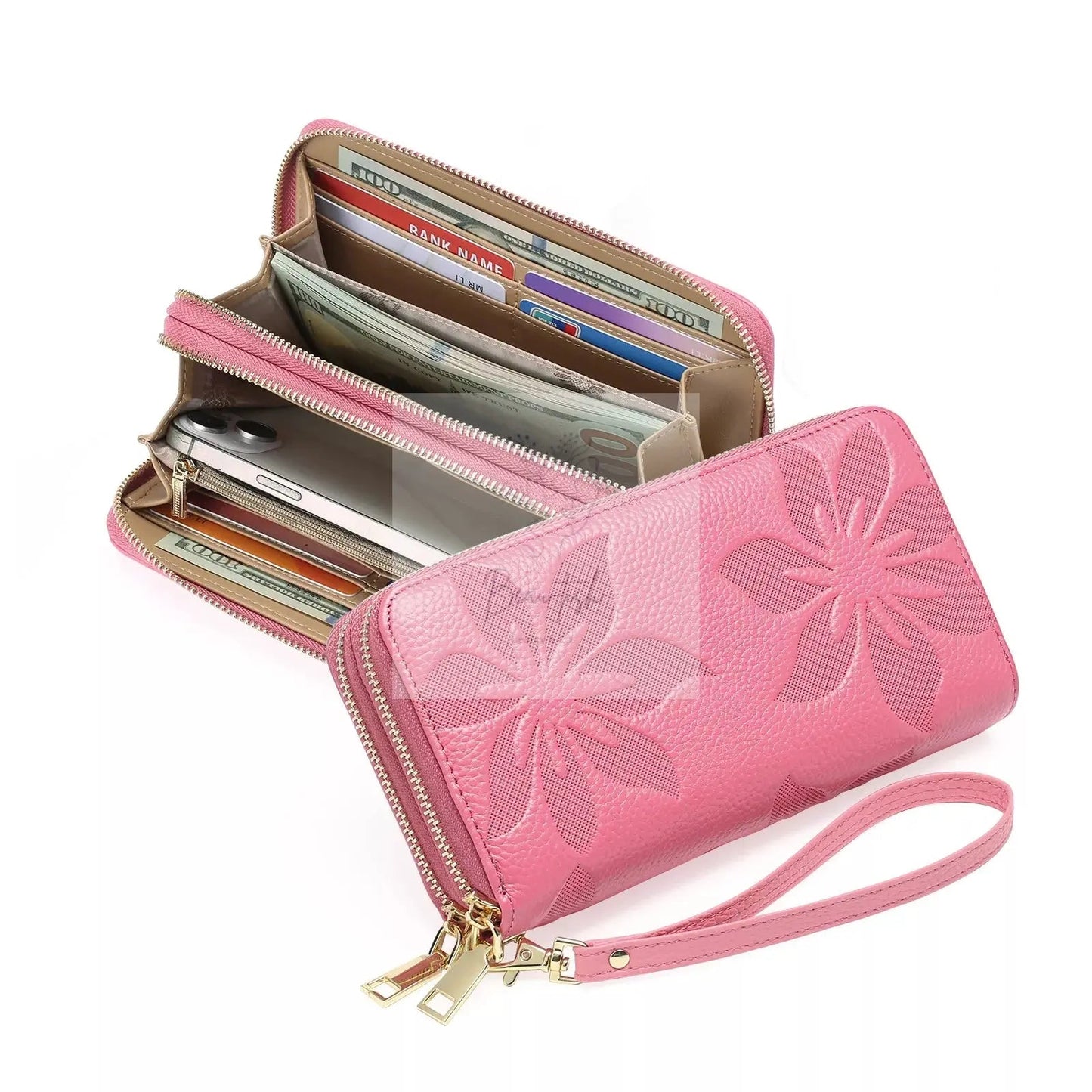 Floral Embossed Leather Zipper Wallet