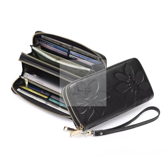 Floral Embossed Leather Zipper Wallet